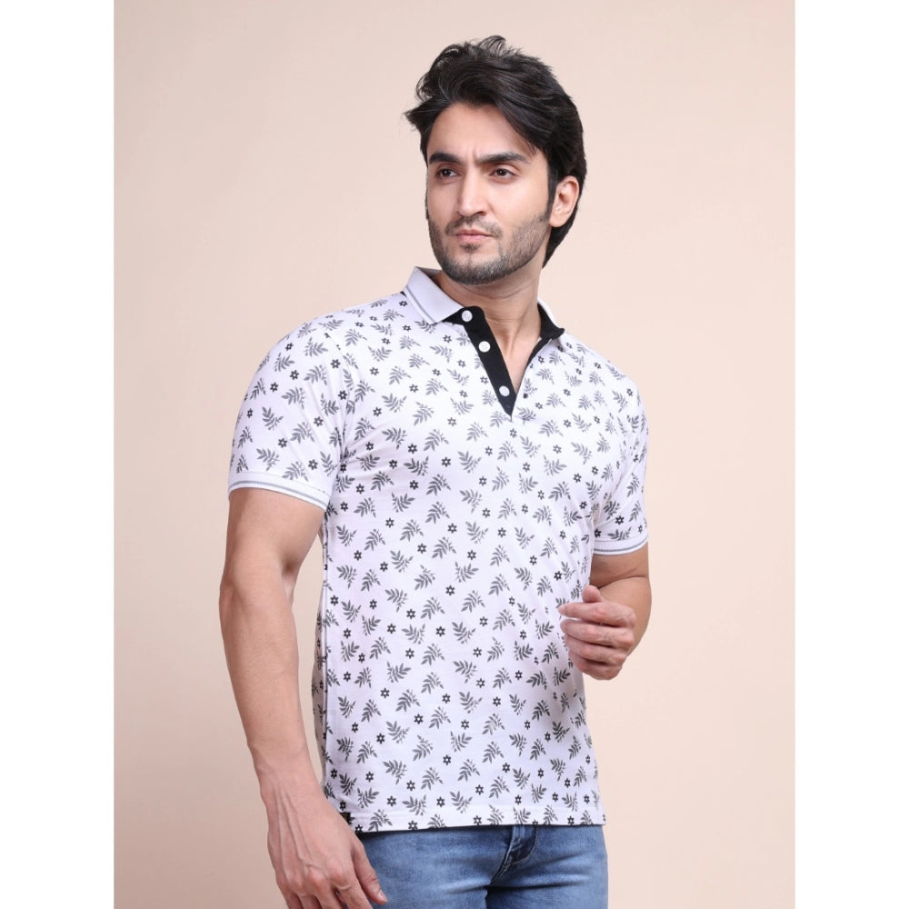 Indoraa Men's Casual Cotton Printed Polo Neck Half Sleeve T-Shirt (White)