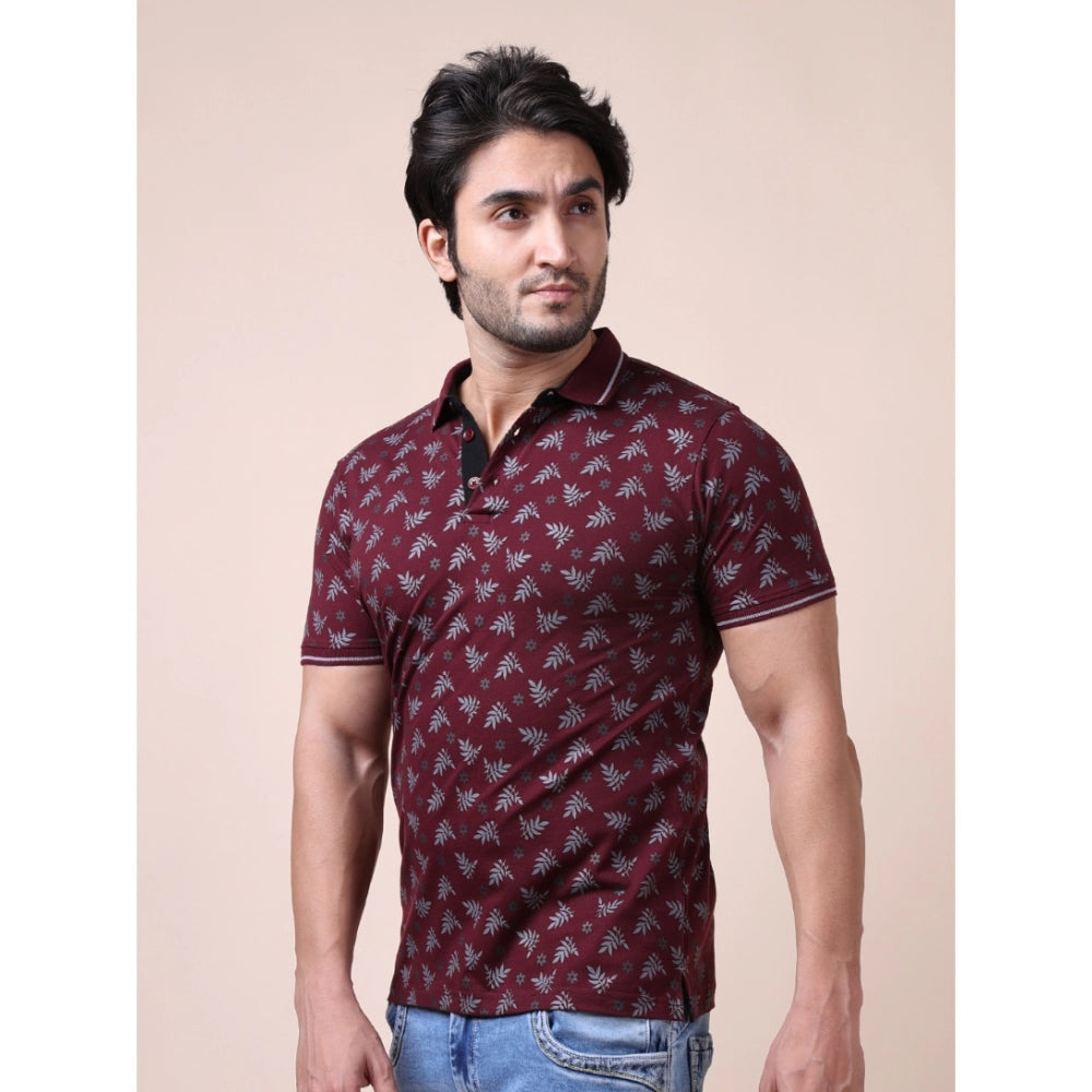Indoraa Men's Casual Cotton Printed Polo Neck Half Sleeve T-Shirt (Plum)