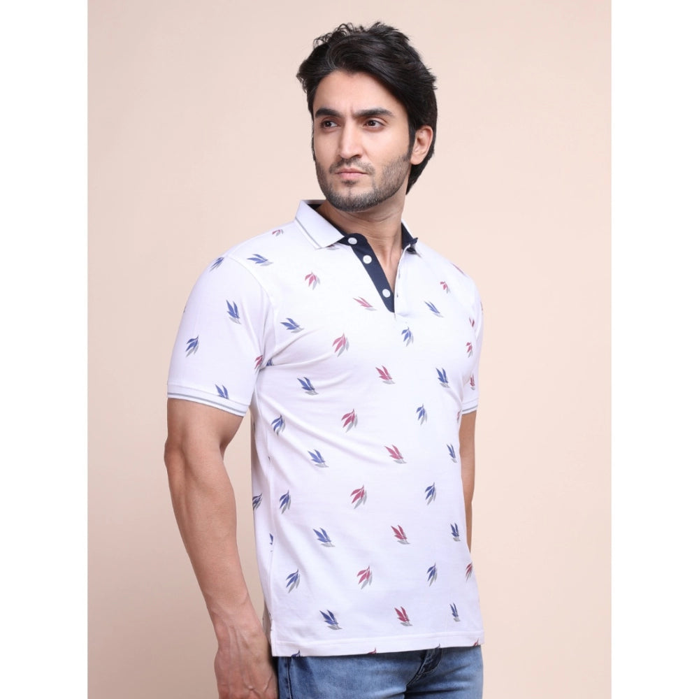 Indoraa Men's Casual Cotton Printed Polo Neck Half Sleeve T-Shirt (White)