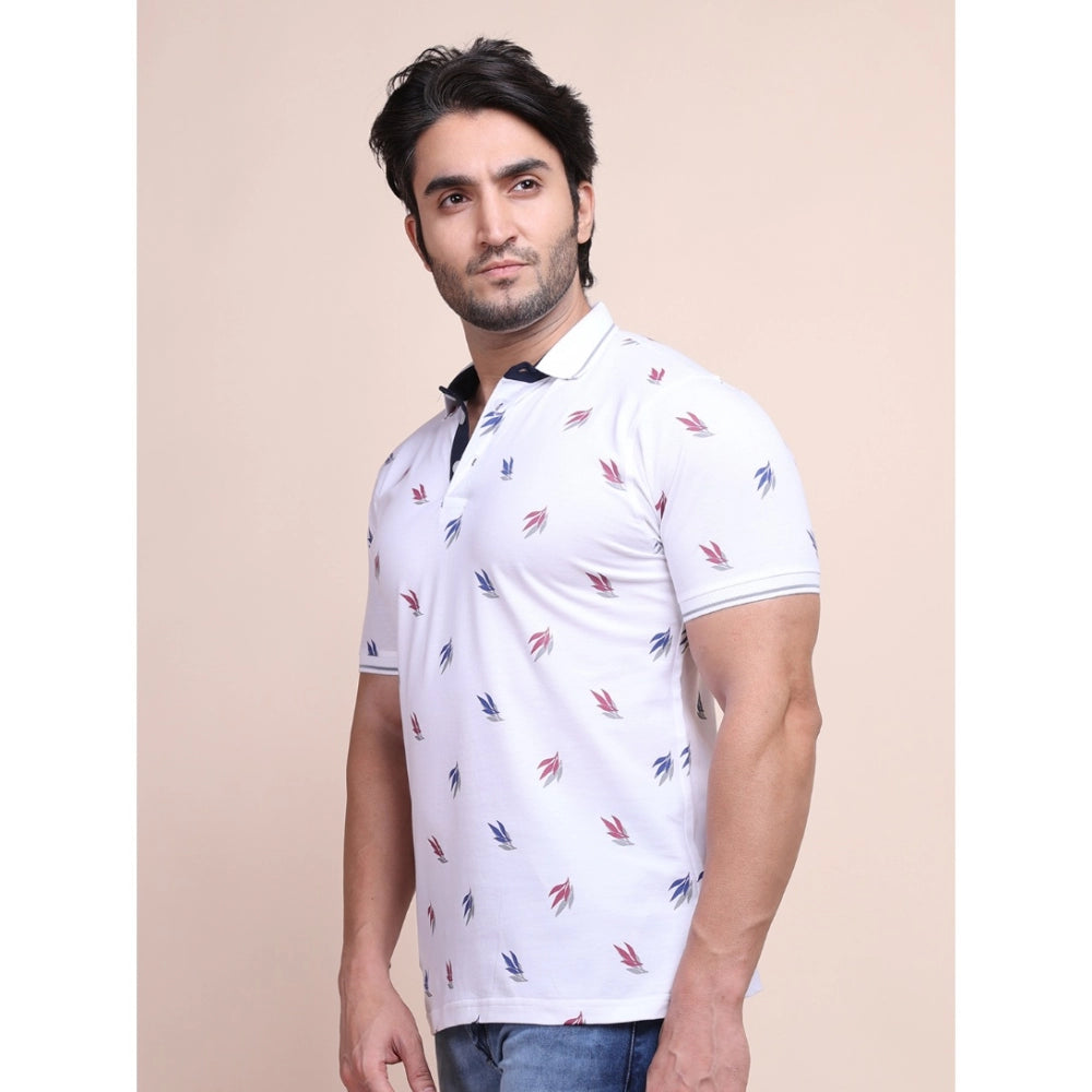 Indoraa Men's Casual Cotton Printed Polo Neck Half Sleeve T-Shirt (White)