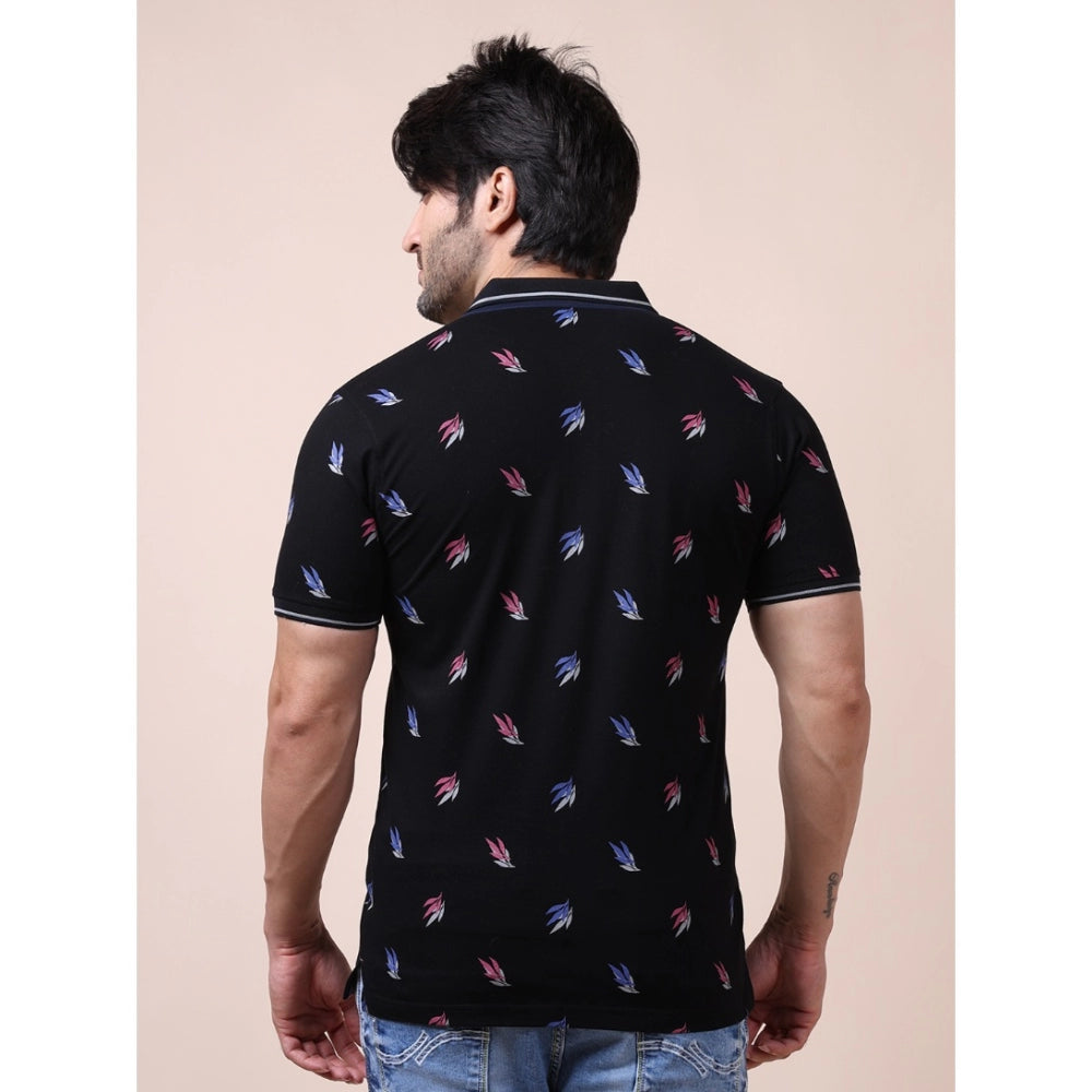 Indoraa Men's Casual Cotton Printed Polo Neck Half Sleeve T-Shirt (Black)