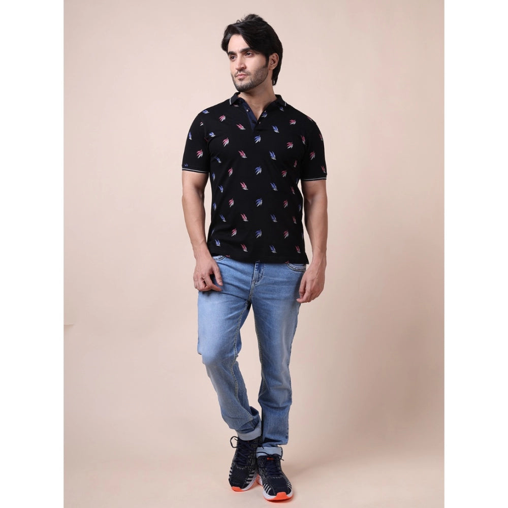 Indoraa Men's Casual Cotton Printed Polo Neck Half Sleeve T-Shirt (Black)