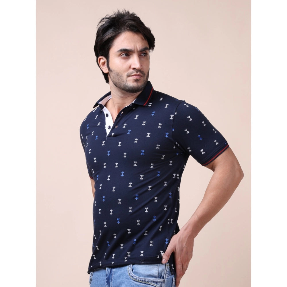 Indoraa Men's Casual Cotton Printed Polo Neck Half Sleeve T-Shirt (Navy)