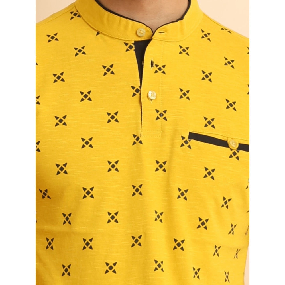 Indoraa Men's Casual Cotton Printed Mandarin Collar Half Sleeve T-Shirt (Mustard)