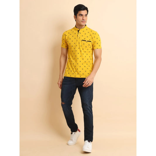Indoraa Men's Casual Cotton Printed Mandarin Collar Half Sleeve T-Shirt (Mustard)