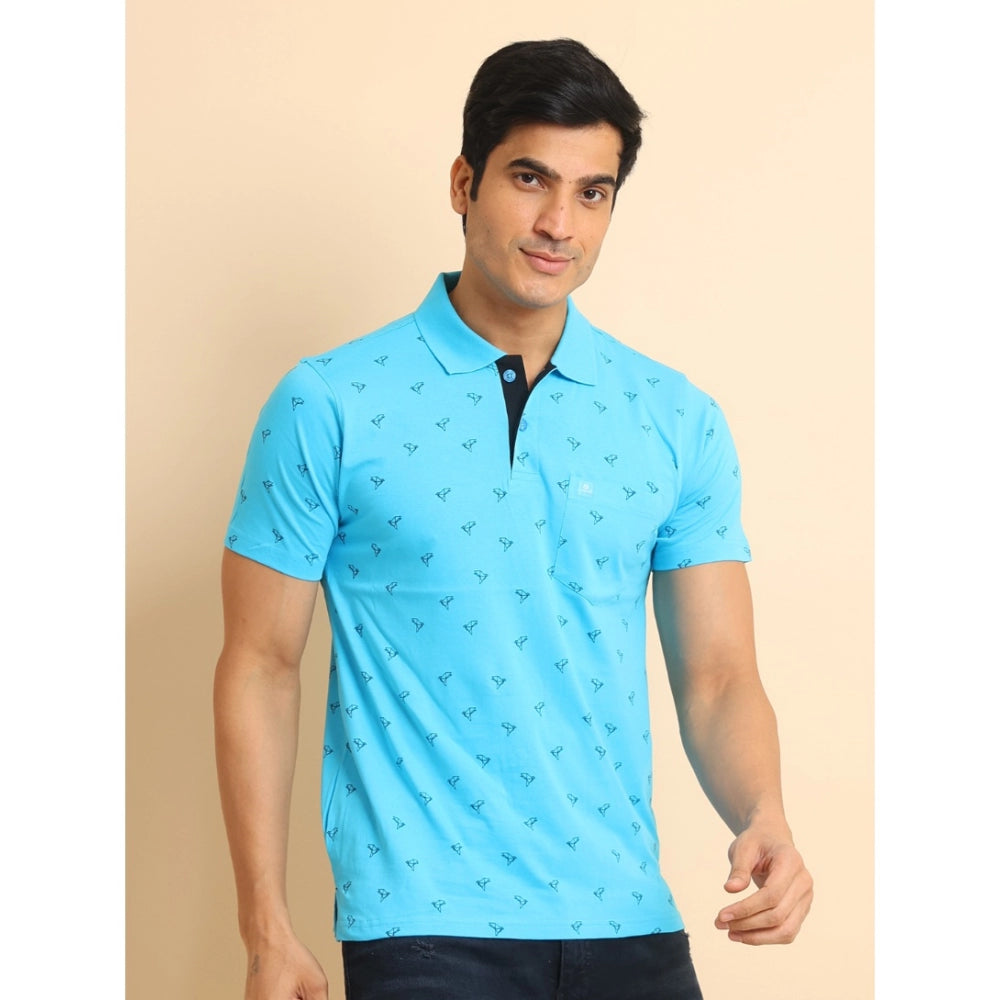 Indoraa Men's Casual Cotton Printed Polo Neck Half Sleeve T-Shirt (Skyblue)