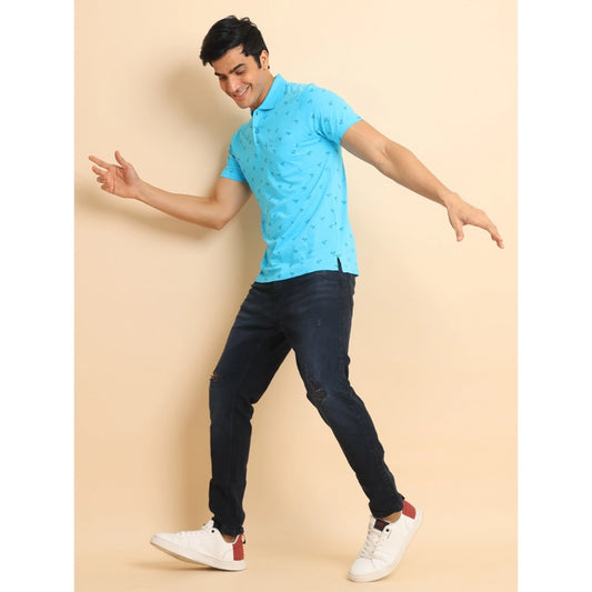 Indoraa Men's Casual Cotton Printed Polo Neck Half Sleeve T-Shirt (Skyblue)