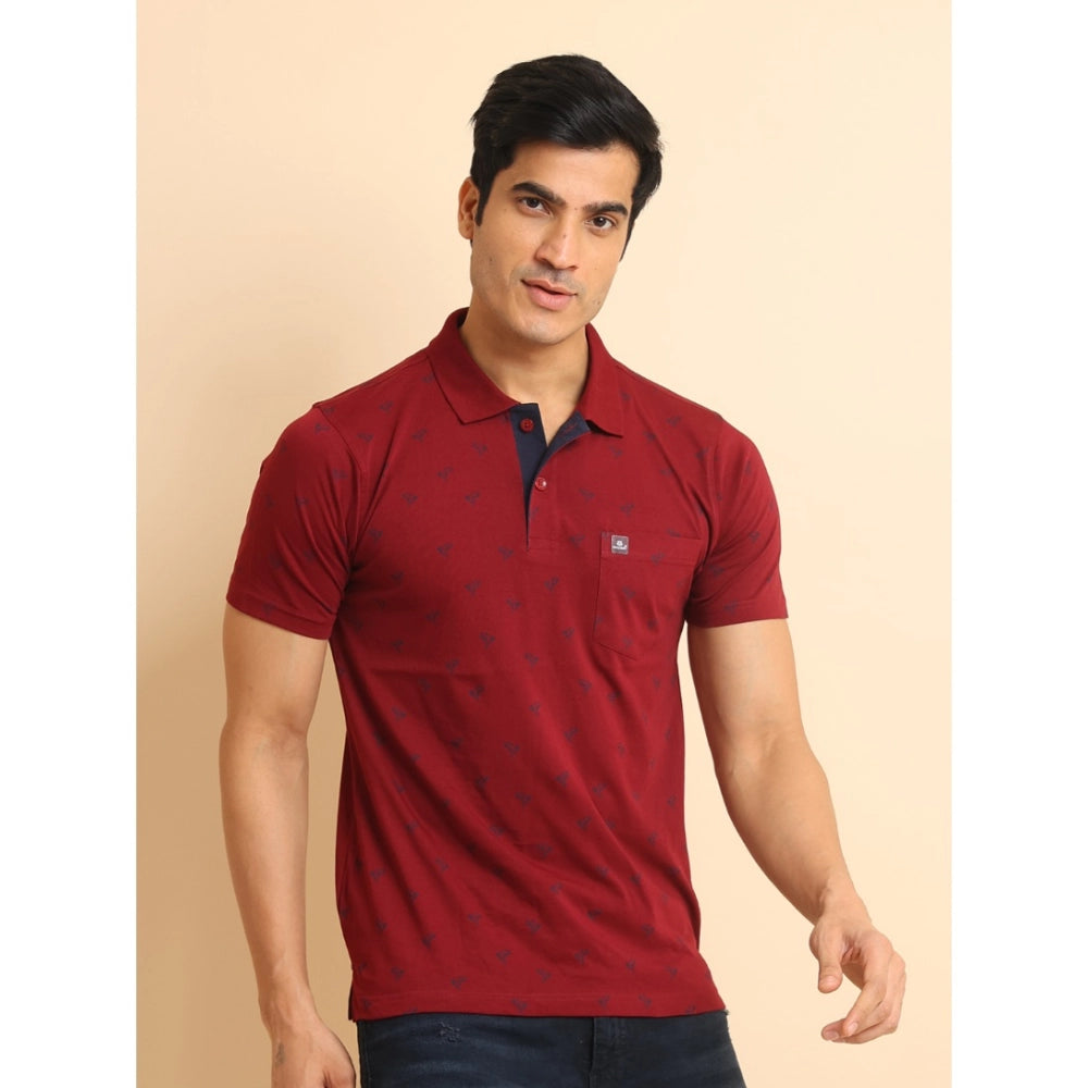 Indoraa Men's Casual Cotton Printed Polo Neck Half Sleeve T-Shirt (Red)