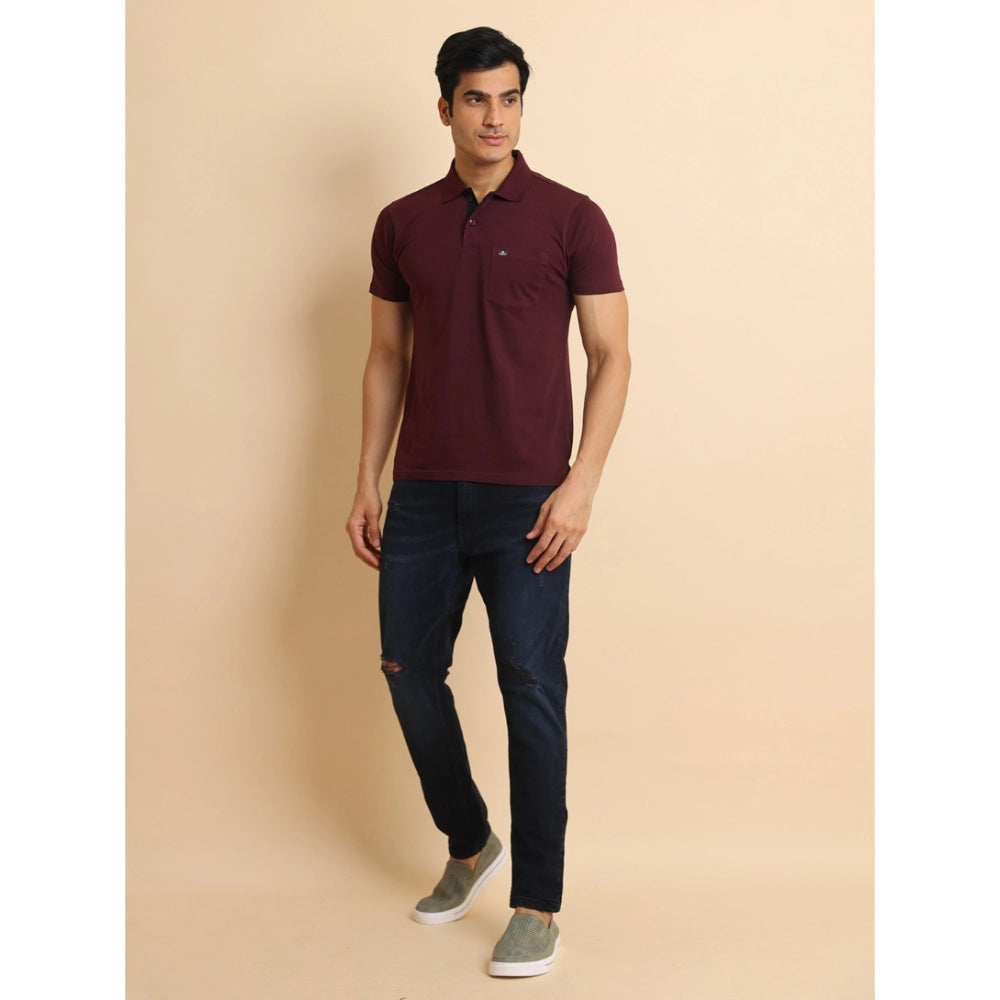 Indoraa Men's Casual Cotton Printed Polo Neck Half Sleeve T-Shirt (Wine)