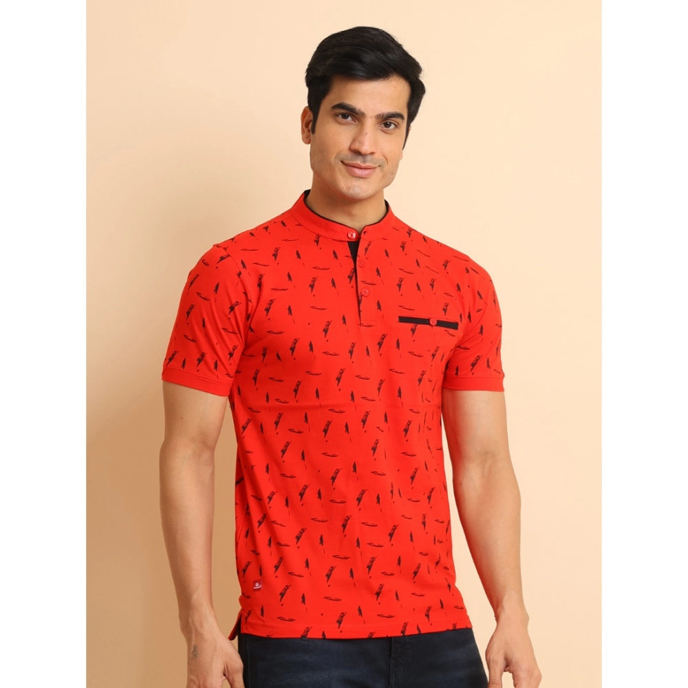 Indoraa Men's Casual Cotton Printed Mandarin Collar Half Sleeve T-Shirt (Red)