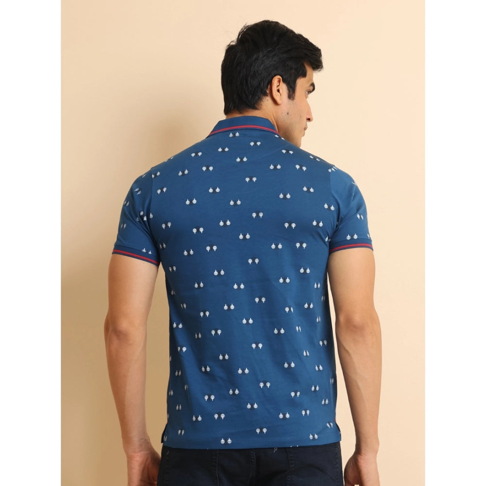 Indoraa Men's Casual Cotton Printed Polo Neck Half Sleeve T-Shirt (Blue)