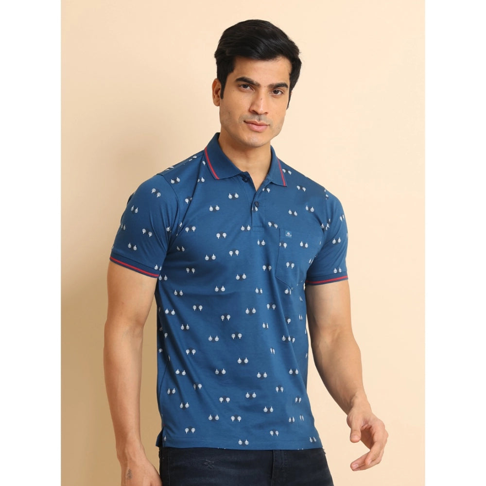 Indoraa Men's Casual Cotton Printed Polo Neck Half Sleeve T-Shirt (Blue)