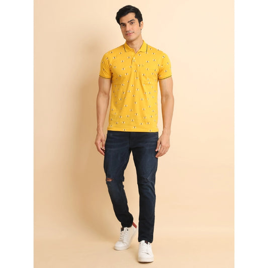 Indoraa Men's Casual Cotton Printed Polo Neck Half Sleeve T-Shirt (Mustard)