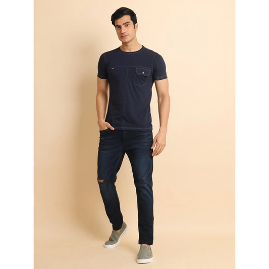 Indoraa Men's Casual Cotton Solid Round Neck Half Sleeve T-Shirt (Navy)