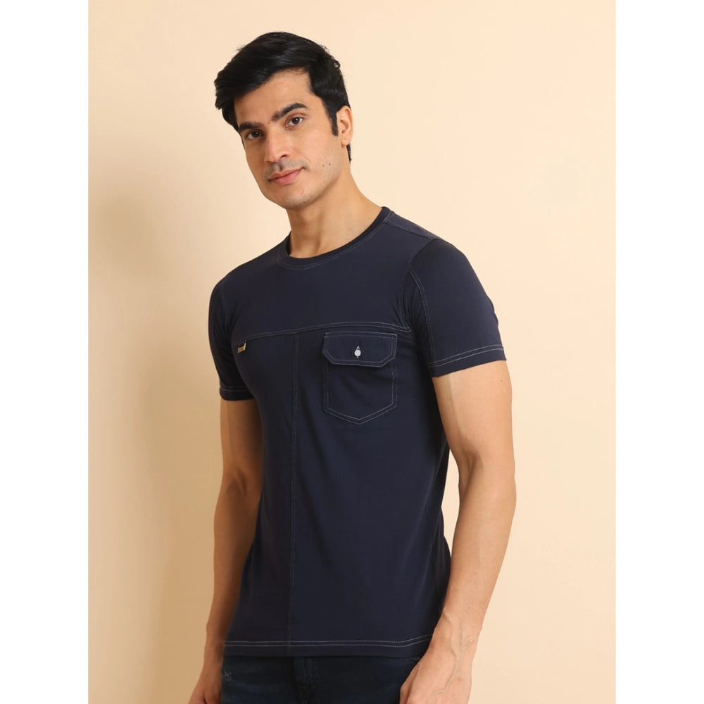 Indoraa Men's Casual Cotton Solid Round Neck Half Sleeve T-Shirt (Navy)