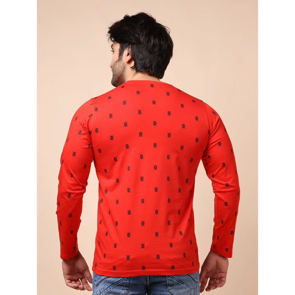 Indoraa Men's Casual Cotton Printed Round Neck Full Sleeve T-Shirt (Red)