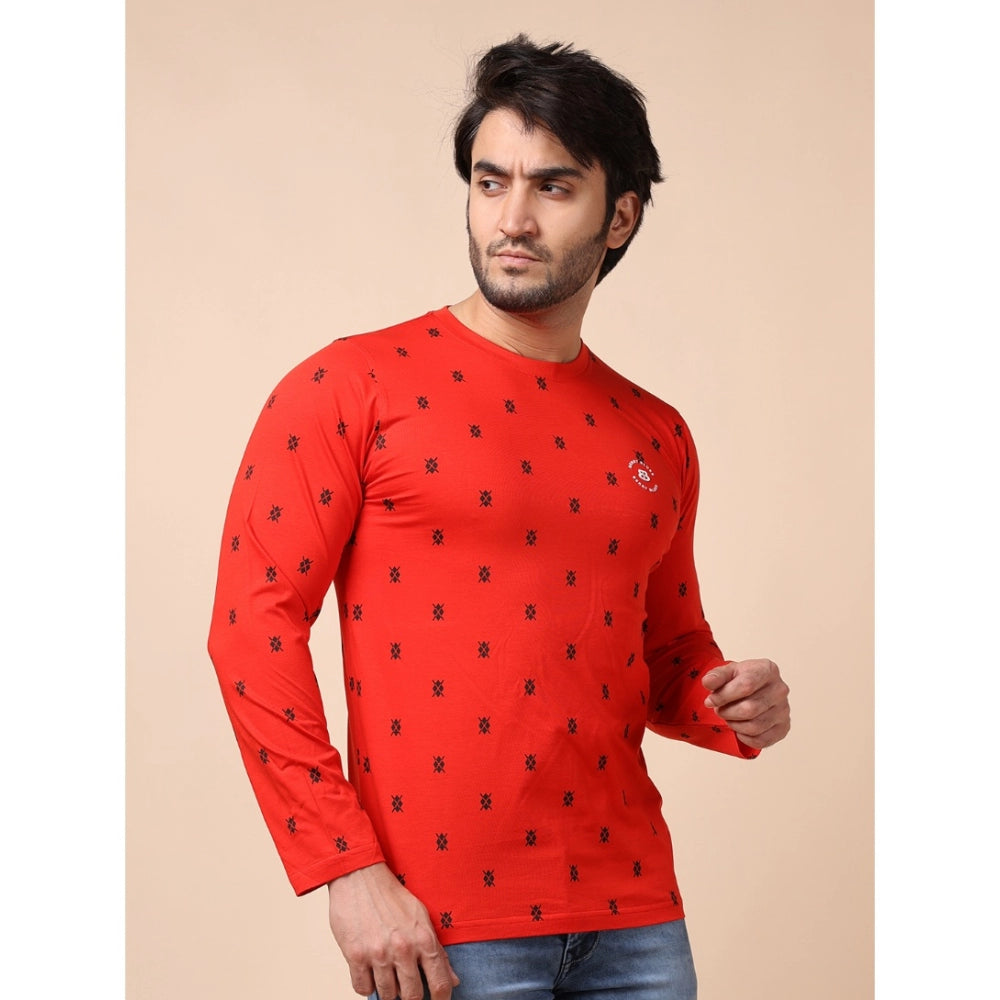 Indoraa Men's Casual Cotton Printed Round Neck Full Sleeve T-Shirt (Red)