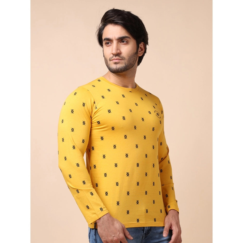 Indoraa Men's Casual Cotton Printed Round Neck Full Sleeve T-Shirt (Mustard)