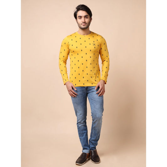 Indoraa Men's Casual Cotton Printed Round Neck Full Sleeve T-Shirt (Mustard)