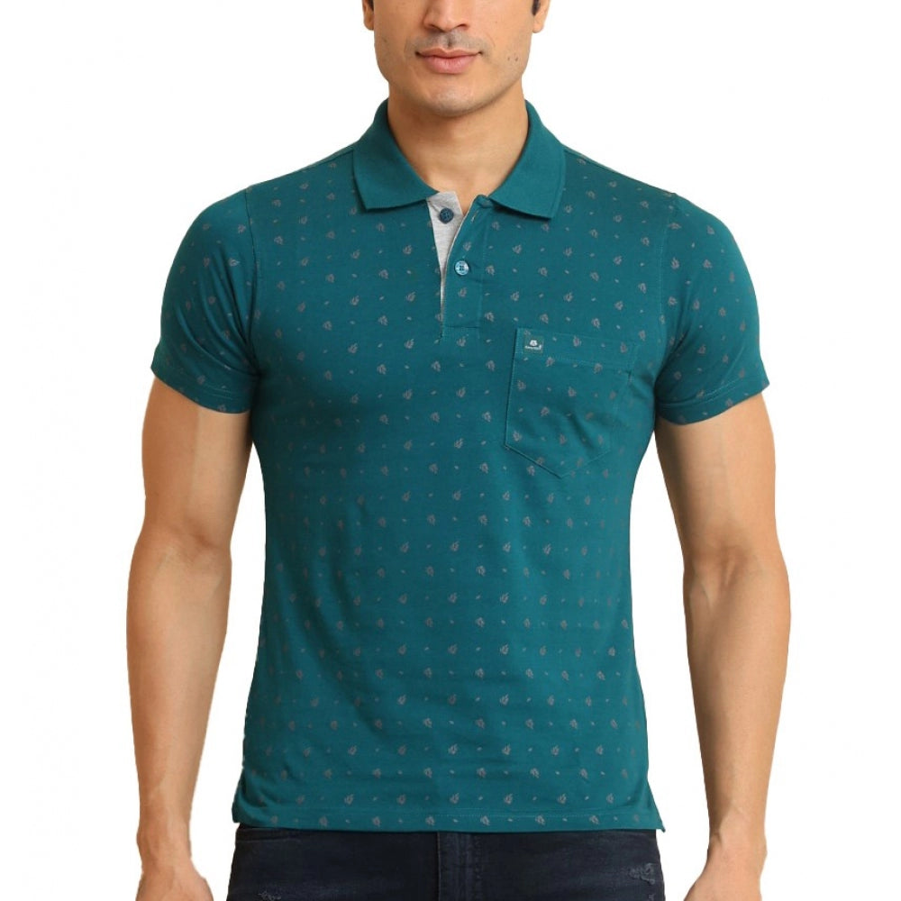 Indoraa Men's Casual Cotton Printed Polo Neck Half Sleeve T-Shirt (Green)
