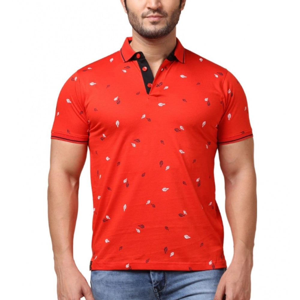 Indoraa Men's Casual Cotton Printed Polo Neck Half Sleeve T-Shirt (Red)