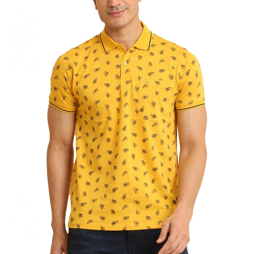 Indoraa Men's Casual Cotton Printed Polo Neck Half Sleeve T-Shirt (Mustard)