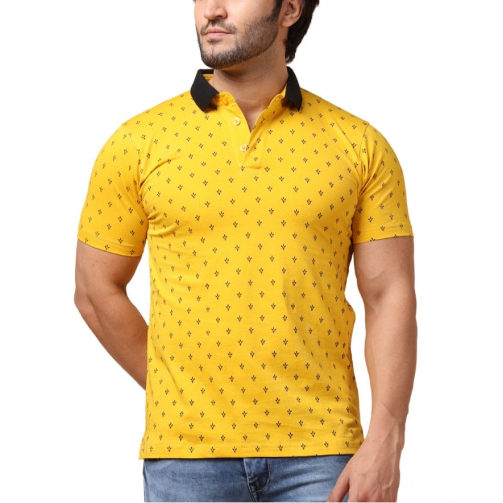 Indoraa Men's Casual Cotton Printed Polo Neck Half Sleeve T-Shirt (Yellow)