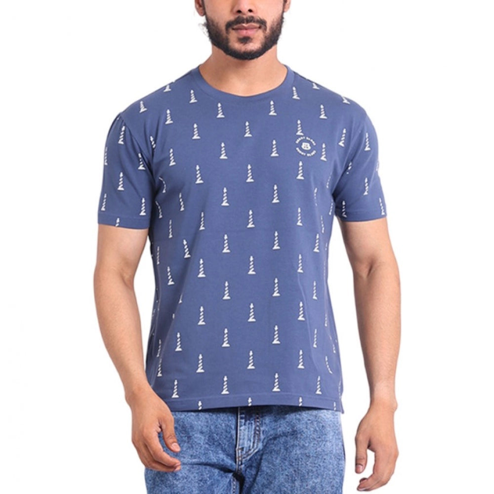 Indoraa Men's Casual Cotton Printed Round Neck Half Sleeve T-Shirt (Blue)