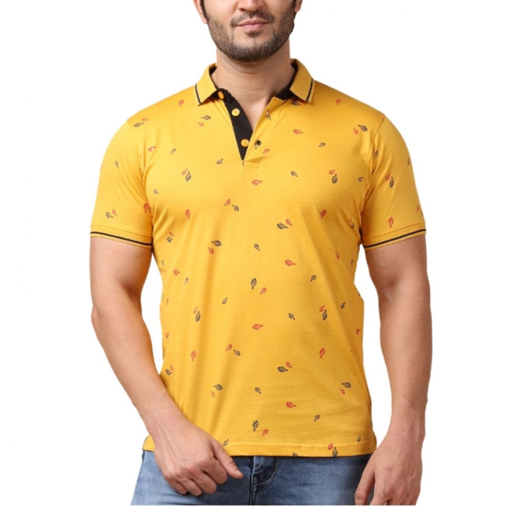 Indoraa Men's Casual Cotton Printed Polo Neck Half Sleeve T-Shirt (Mustard)