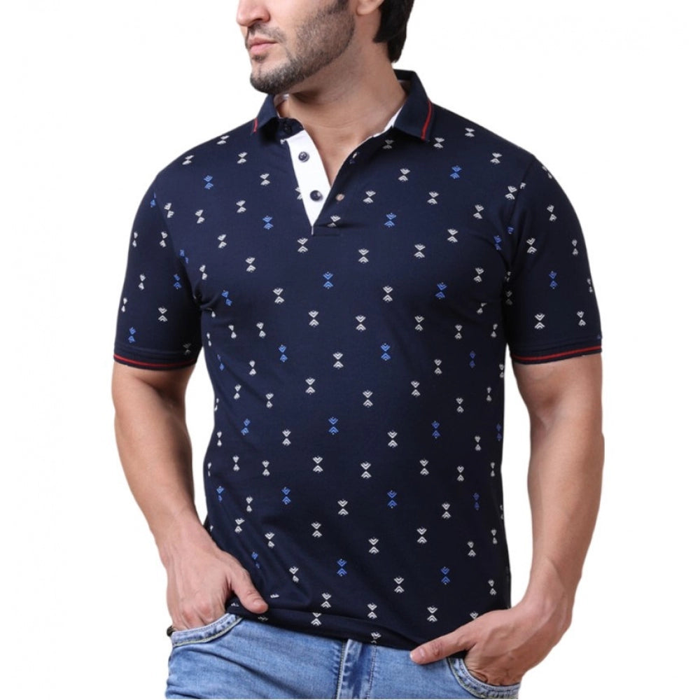 Indoraa Men's Casual Cotton Printed Polo Neck Half Sleeve T-Shirt (Navy)