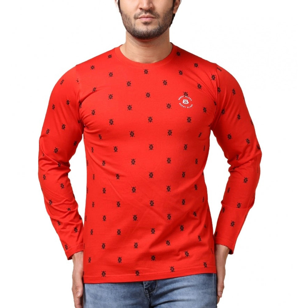 Indoraa Men's Casual Cotton Printed Round Neck Full Sleeve T-Shirt (Red)