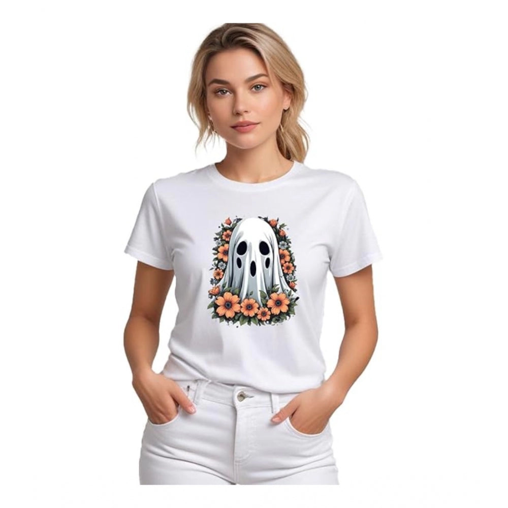 Indoraa Women's Polyester Solid Printed Round Neck Half Sleeve T-shirt (White)