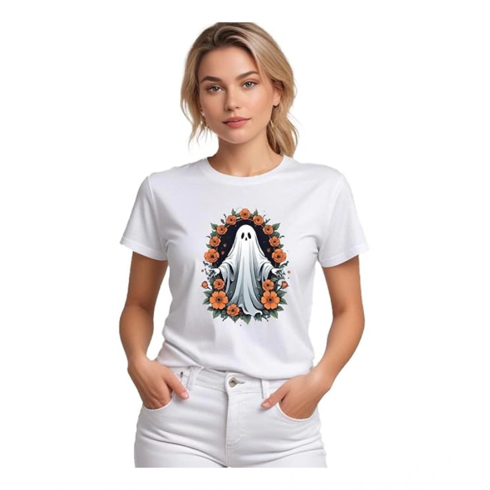Indoraa Women's Polyester Solid Printed Round Neck Half Sleeve T-shirt (White)