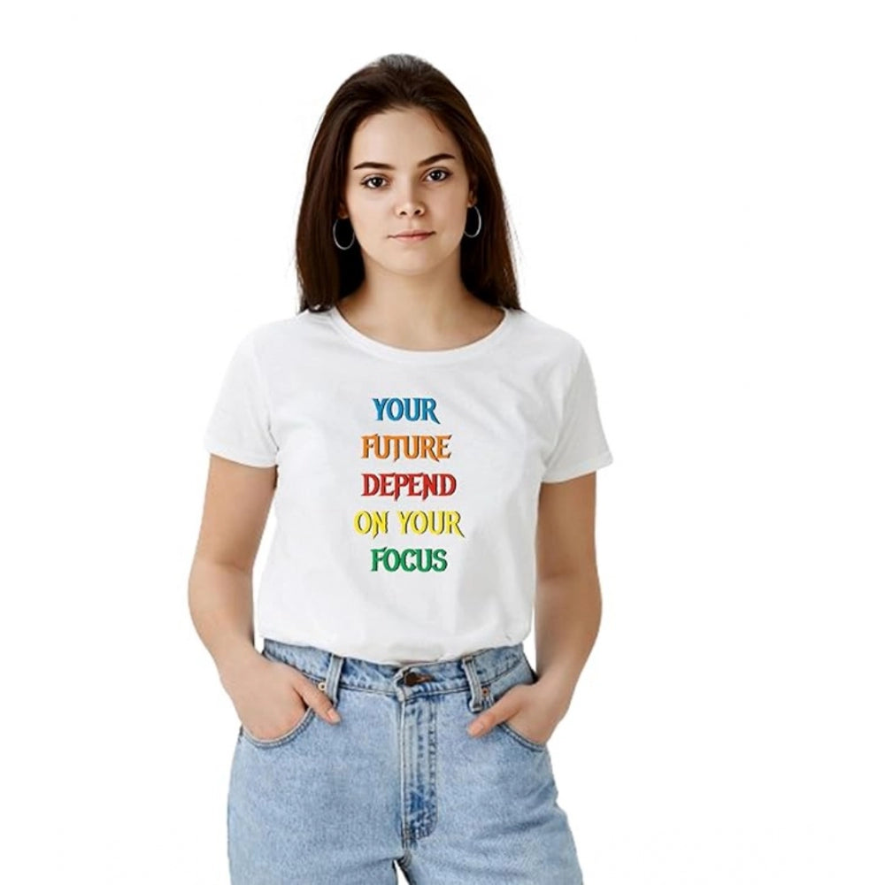Indoraa Women's Polyester Solid Printed Round Neck Half Sleeve T-shirt (White)