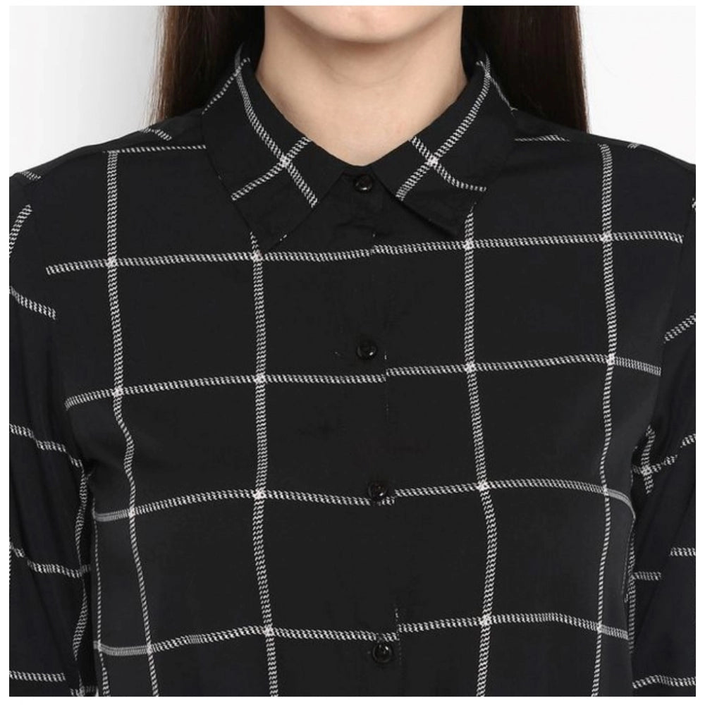 Indoraa Women's Polyester Checkered Roll Up Sleeve Above Knee Dress (Black - White)