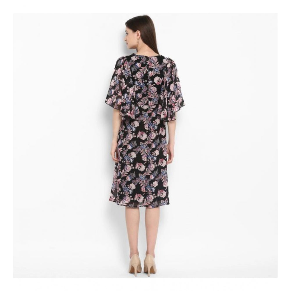 Indoraa Women's Polyester Floral Short Sleeve Knee-Length Dress (Black - Multicolor)