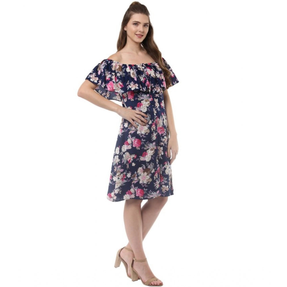 Indoraa Women's Polyester Crepe Floral Half Sleeve Above Knee Dress (Navy Blue)