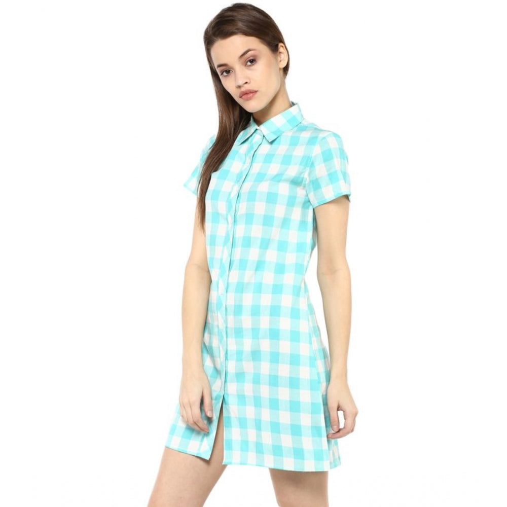 Indoraa Women's Rayon Checkered Short Sleeve Above Knee Dress (SkuBlue - White)