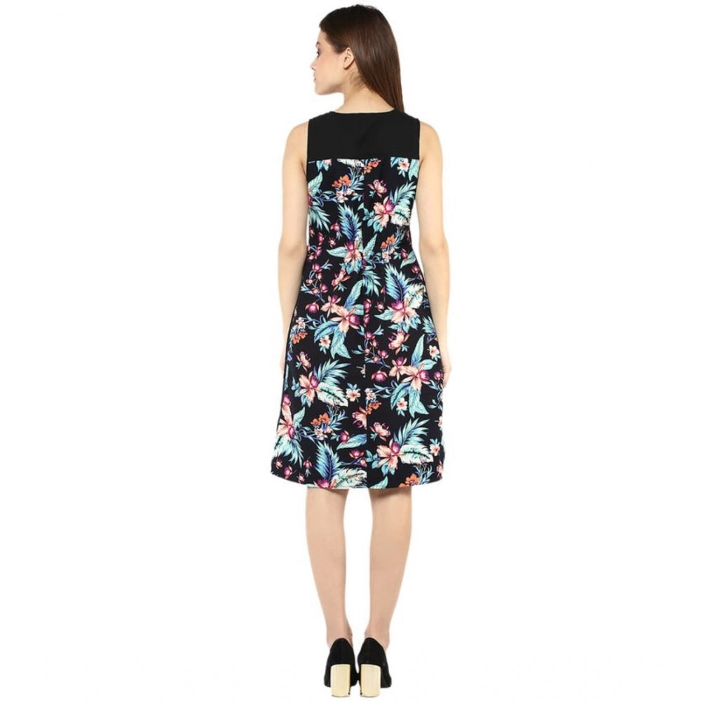 Indoraa Women's Polyester Printed Sleeveless Above Knee Dress (Black - Multicolor)