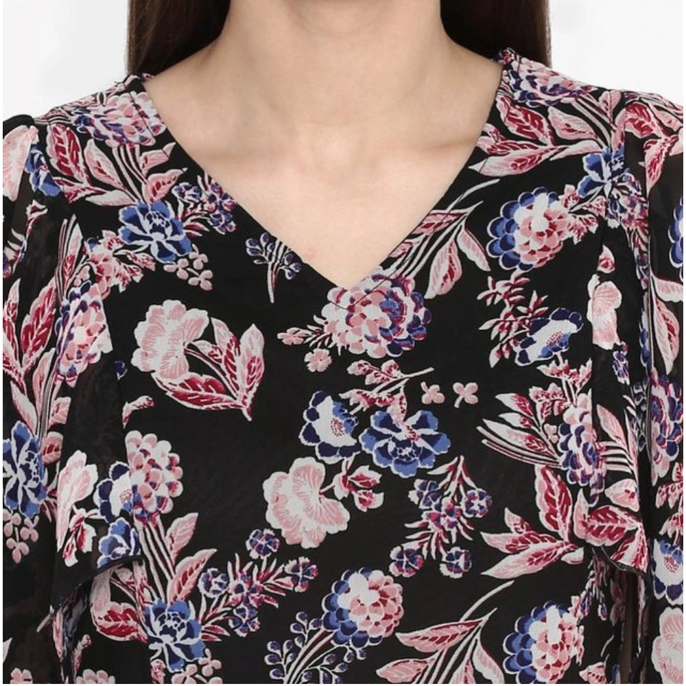 Indoraa Women's Polyester Floral Short Sleeve Knee-Length Dress (Black - Multicolor)