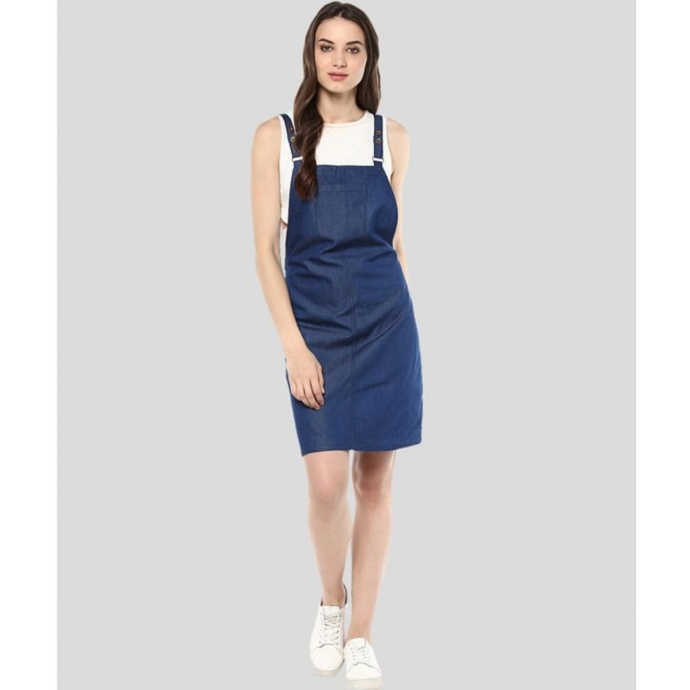 Indoraa Women's Denim Solid Shoulder Straps Above Knee Dress (Blue)