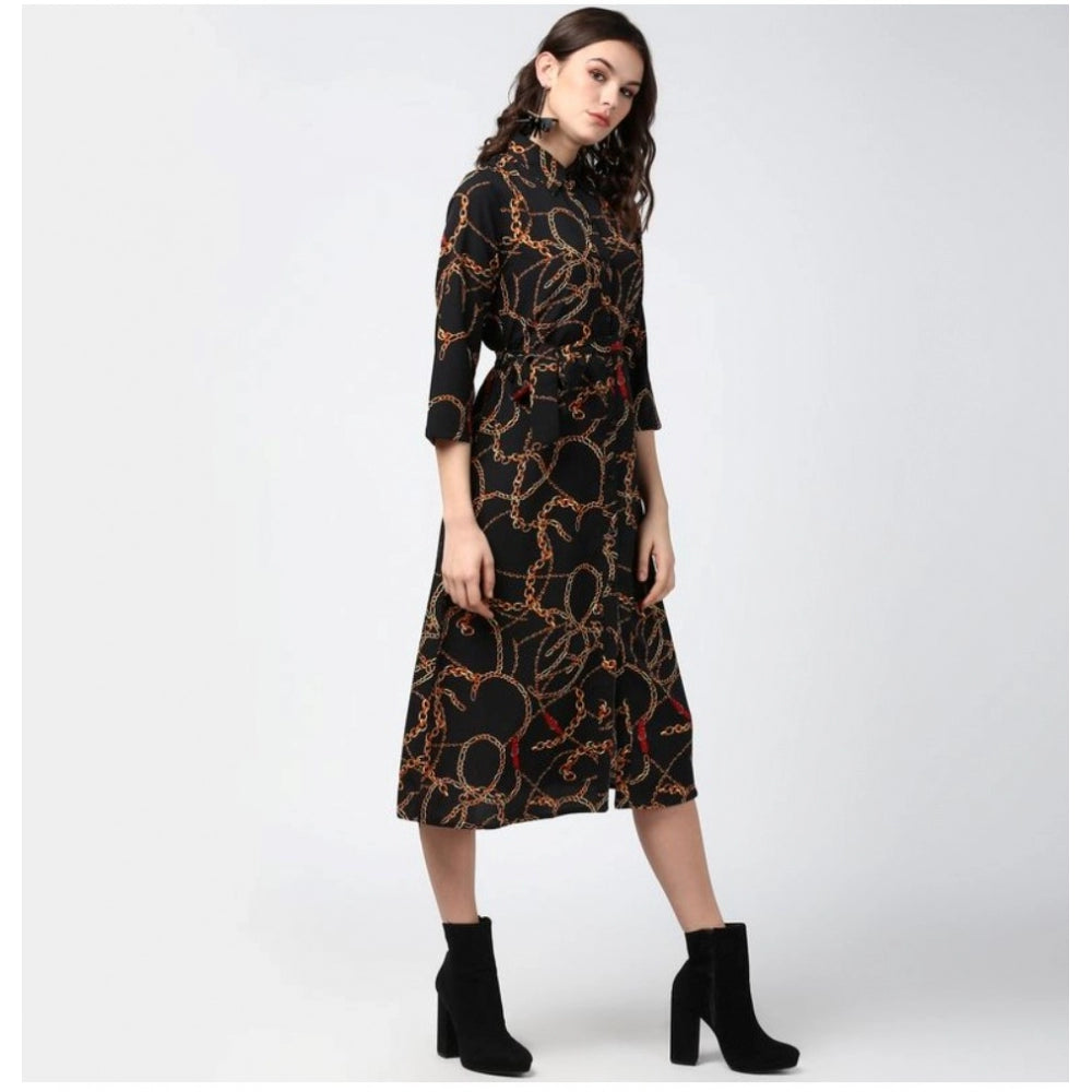 Indoraa Women's Polyester Chain Print Roll Up Sleeve Below Knee Dress (Black - Yellow)
