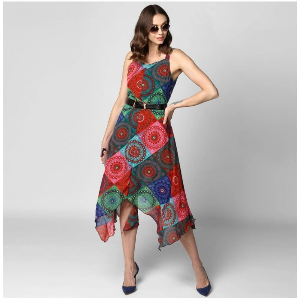Indoraa Women's Polyester Asymmetrical Shoulder Straps Knee-Length Dress (Multicolor)