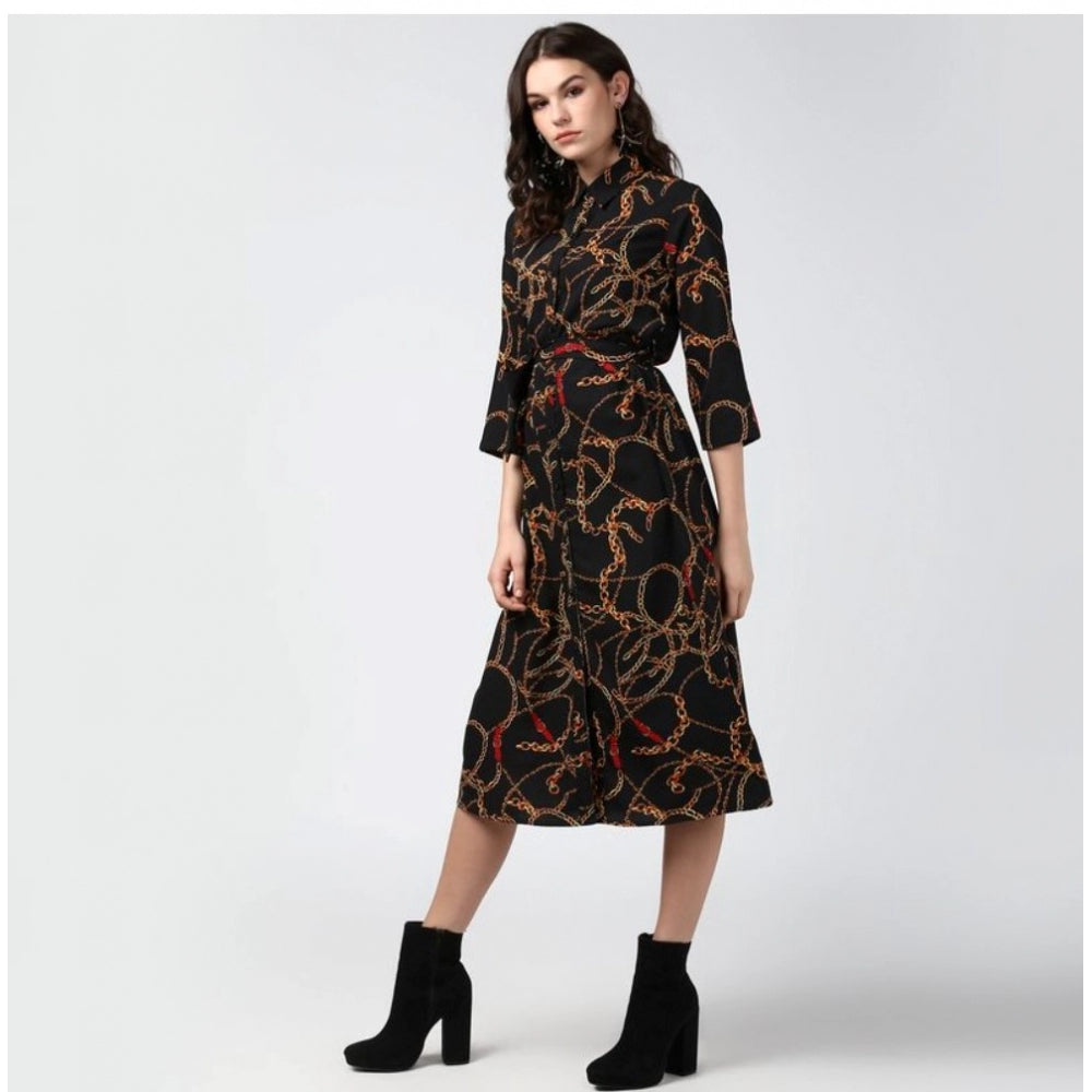 Indoraa Women's Polyester Chain Print Roll Up Sleeve Below Knee Dress (Black - Yellow)