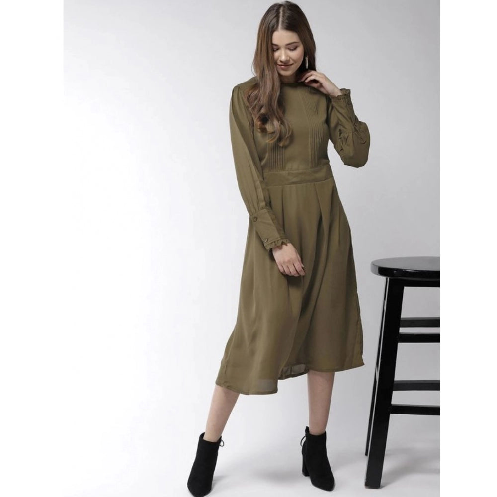 Indoraa Women's Polyester Pintuck Long Sleeves Below Knee Dress (Olive)