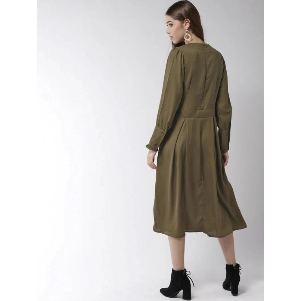 Indoraa Women's Polyester Pintuck Long Sleeves Below Knee Dress (Olive)