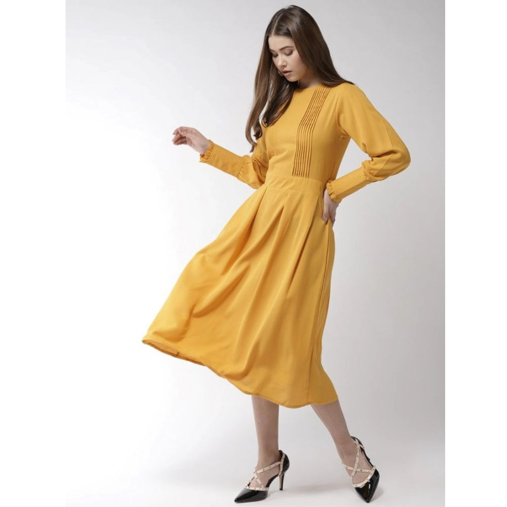 Indoraa Women's Polyester Pintuck Long Sleeves Below Knee Dress (Yellow)
