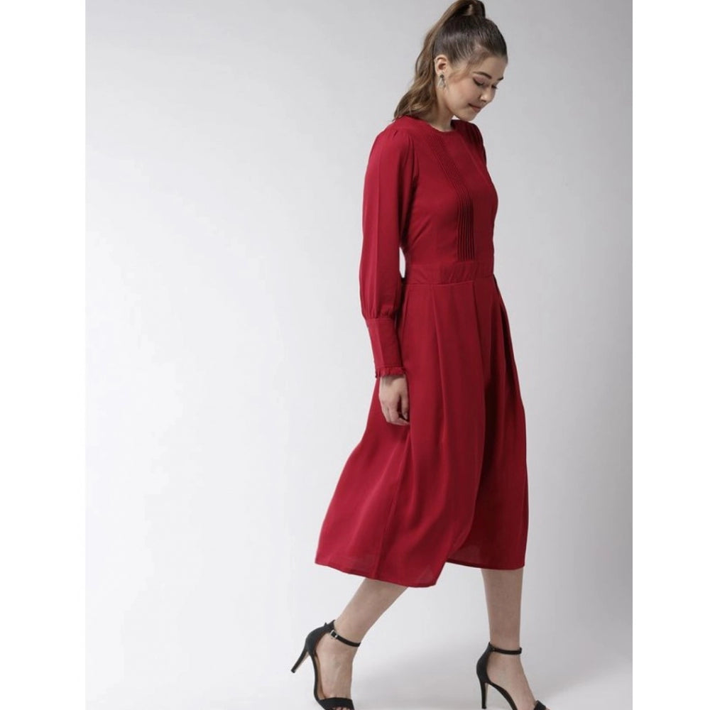 Indoraa Women's Polyester Pintuck Long Sleeves Below Knee Dress (Red)