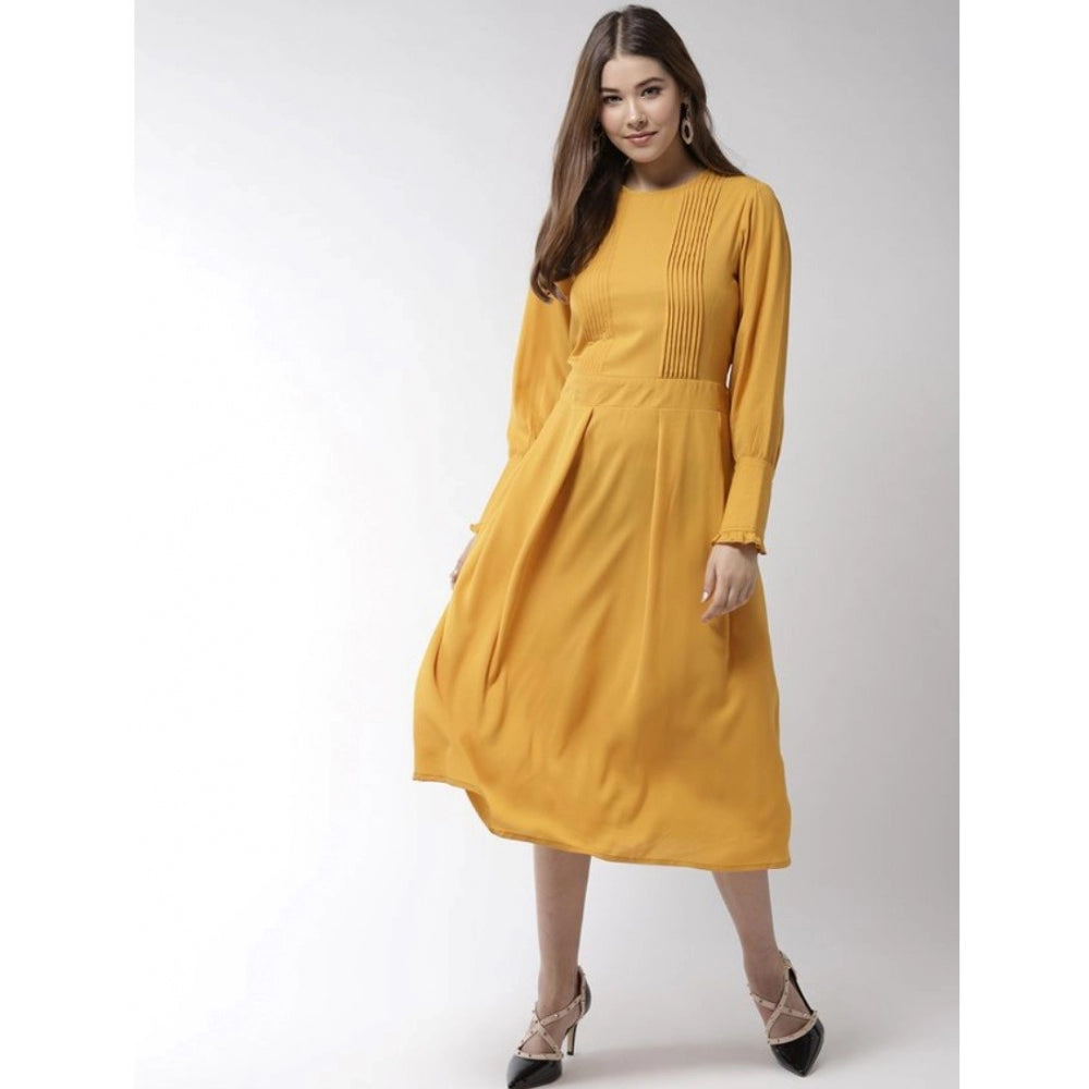 Indoraa Women's Polyester Pintuck Long Sleeves Below Knee Dress (Yellow)