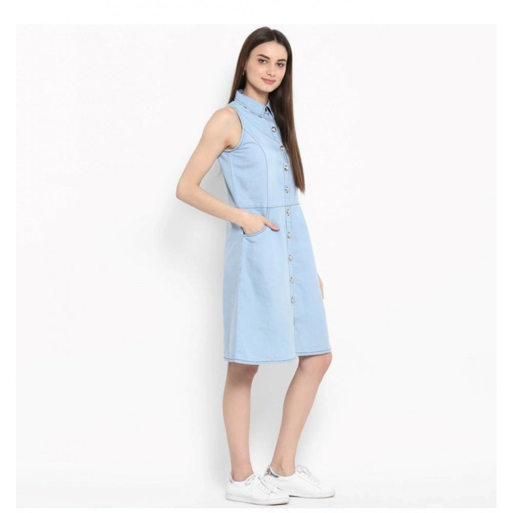 Indoraa Women's Denim Solid Sleeveless Below Knee Dress (Blue)